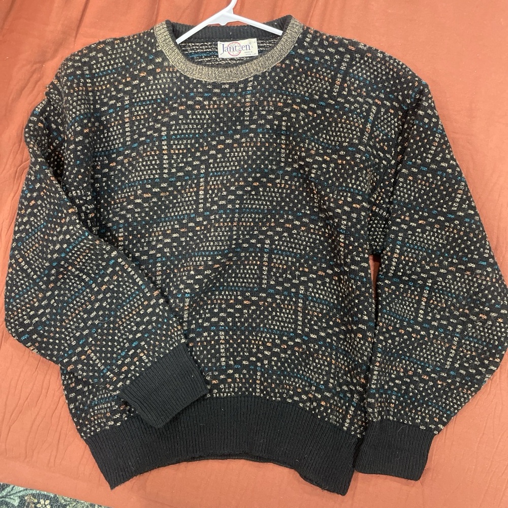 Jantzen Black and Blue Patterned Crewneck Sweater